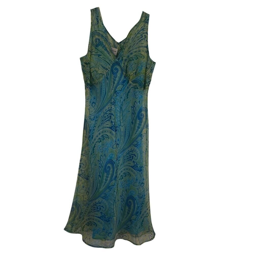 Evan Picone Sz 6 Green and Blue Paisley Dress with Blue Underdress  flaw